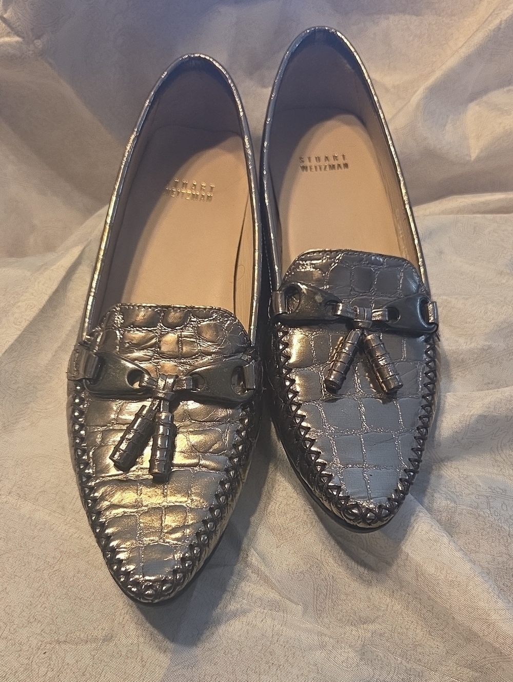 Stuart Weitzman Metallic Silver Croc-Embossed Tassel Loafers